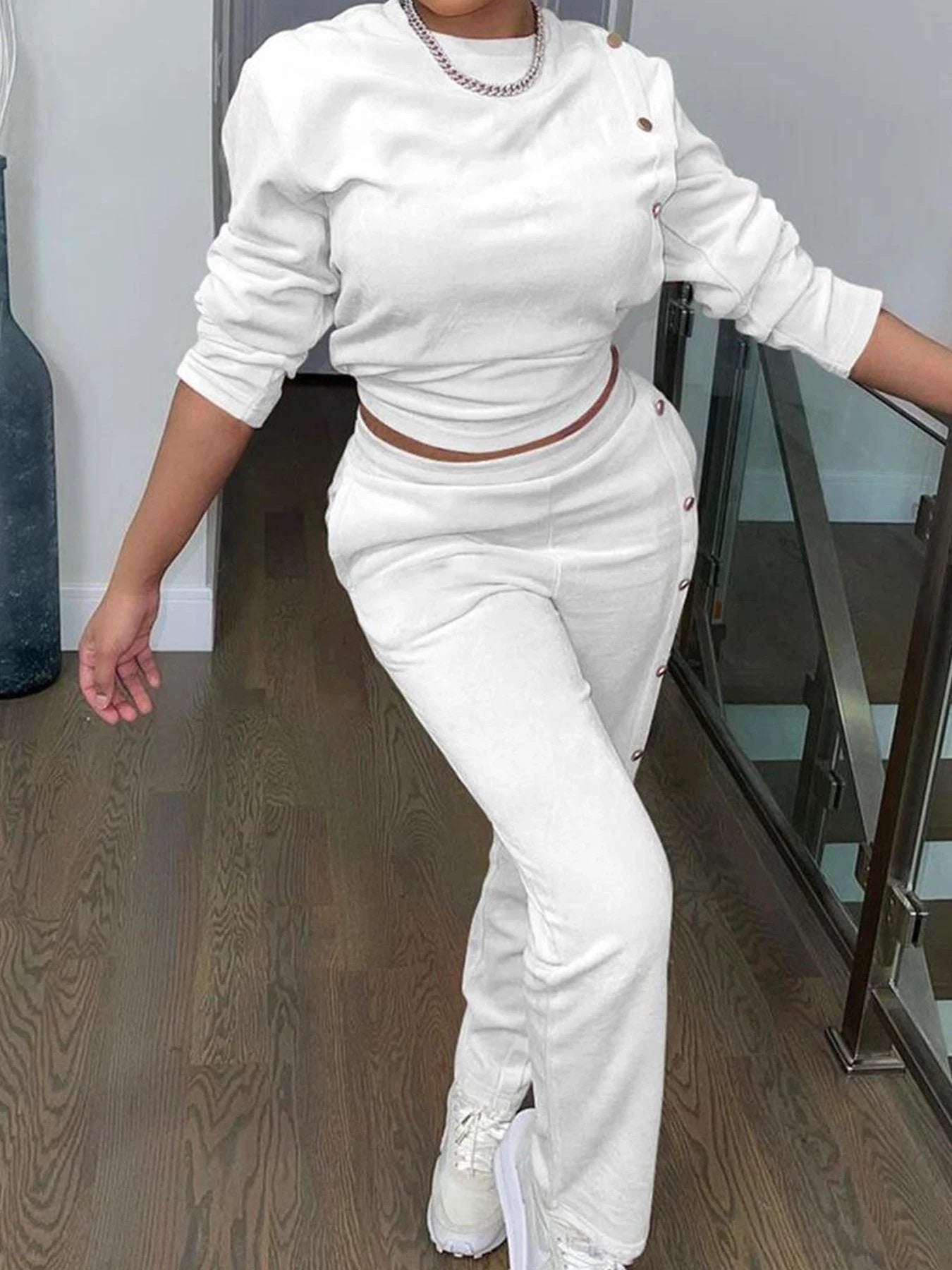 Stylish Casual Sweatshirt Set With Side Button Detailing by GJG Denim