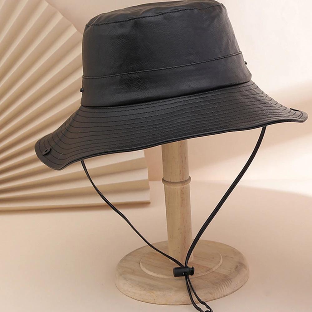 Solid-color Glossy PU Leather Windproof Wide-brimmed Sunshade, Sweet And Cool Street Style Fisherman's Hat, Daily Commuting, Outings, Shopping by GJG Denim
