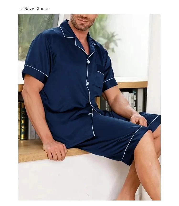 Men's Lapel Casual Breathable Thin Short-sleeved Shorts Pajamas Set by GJG Denim