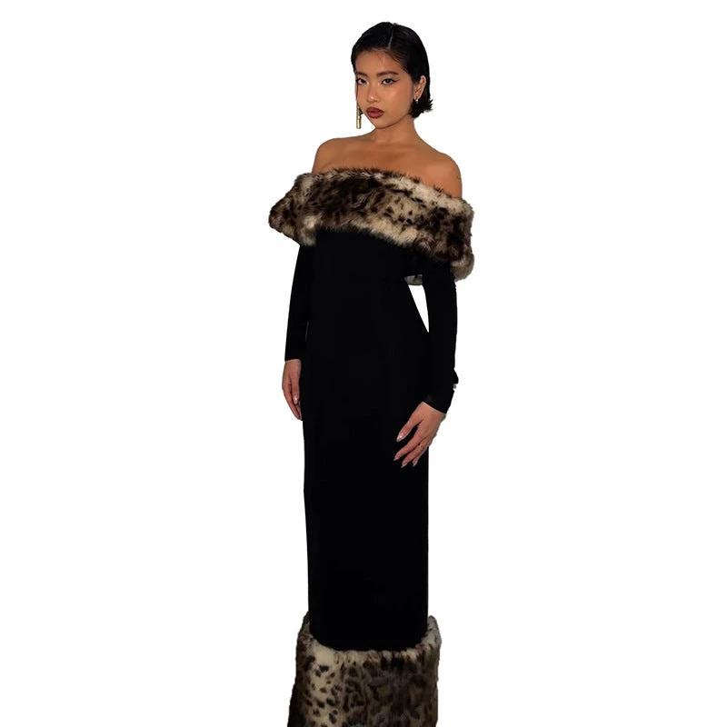 Atmospheric Leopard Print Fur Stitching Off-shoulder Dress by GJG Denim