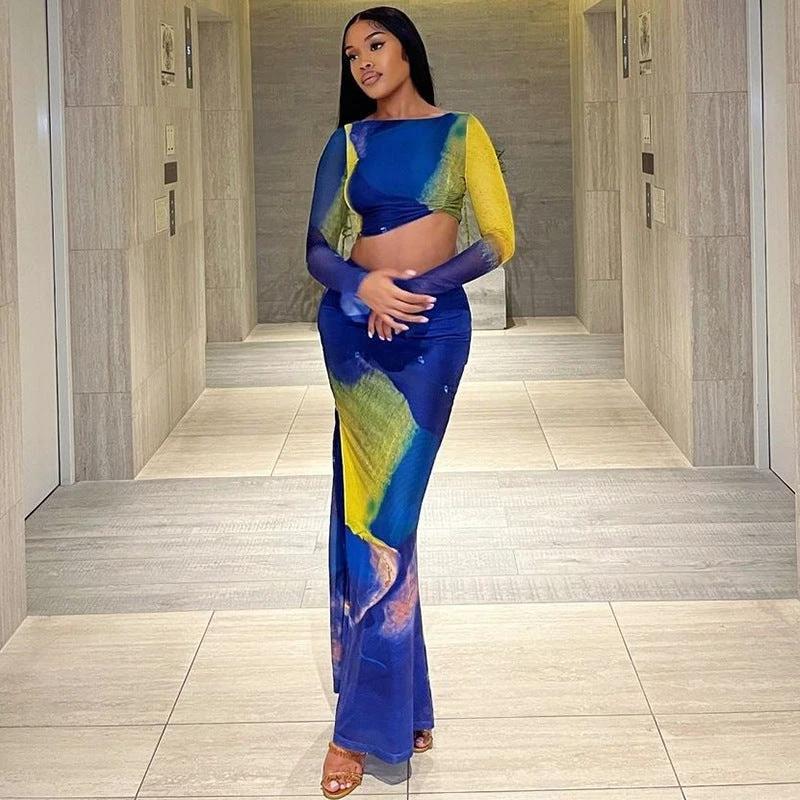 Printed Long Bell Sleeve top and long Skirt Set by GJG Denim