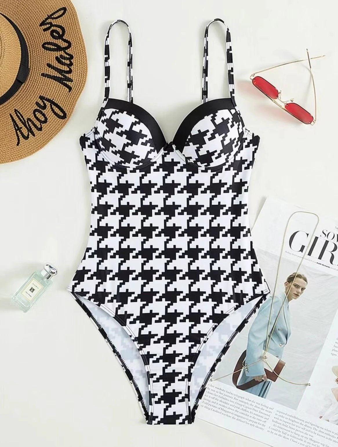 Retro Houndstooth Hard Bag One-piece Women's Beach Swimwear by GJG Denim