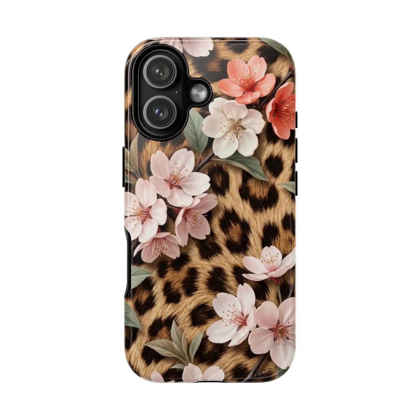 Leopard Floral Tough Case — Protective Phone Case with Pink Cherry Blossoms by Printify