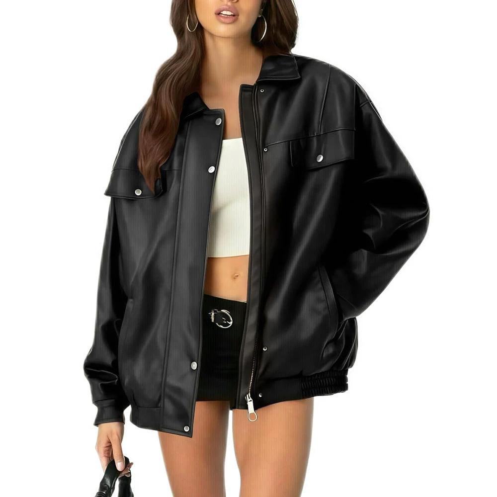 Women's Leather Jacket Loose Long Sleeve Lapel Motorcycle Jacket by GJG Denim
