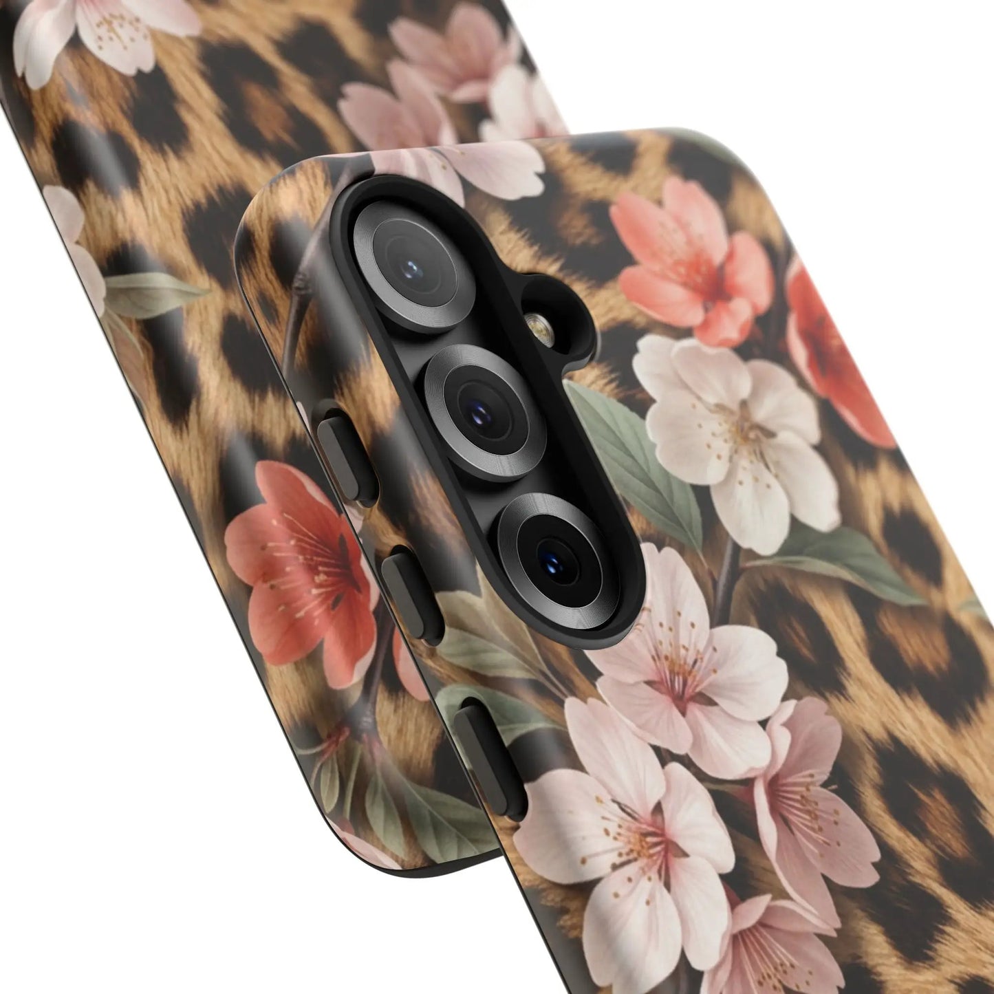 Leopard Floral Tough Case — Protective Phone Case with Pink Cherry Blossoms by Printify