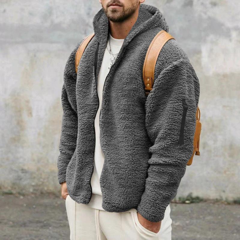 Plush Hooded Jacket Men's Autumn And Winter Fleece Double-sided Wear Warm Coat With Zipper Loose Casual Jacket Outdoor Clothing by GJG Denim