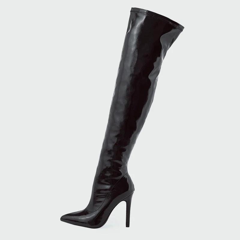 Women's High Heel Soft Patent Leather Inside Zipper Over The Knee Boots by GJG Denim