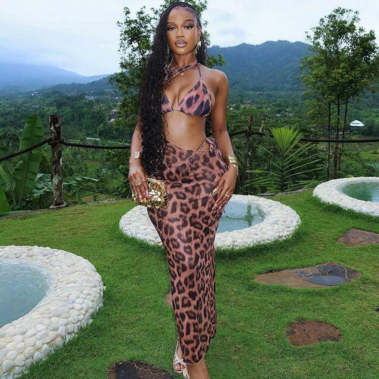 Women's Casual Leopard-Print Halterneck Maxi Dress Two-Piece Set by GJG Denim