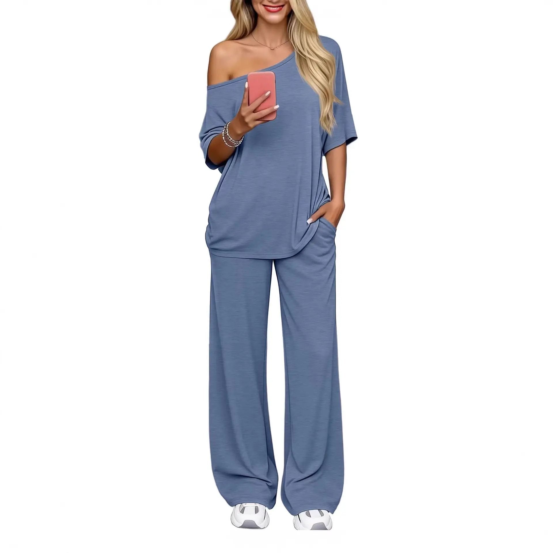 Off-shoulder Loose Casual Short-sleeve Top And Wide-leg Pants Two-piece Set by GJG Denim