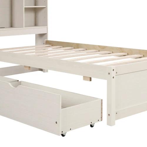 Modern Twin Size Bed Frame With Built-in USB Port On Bookcase Headboard And 2 Drawers White Washed Color by GJG Denim