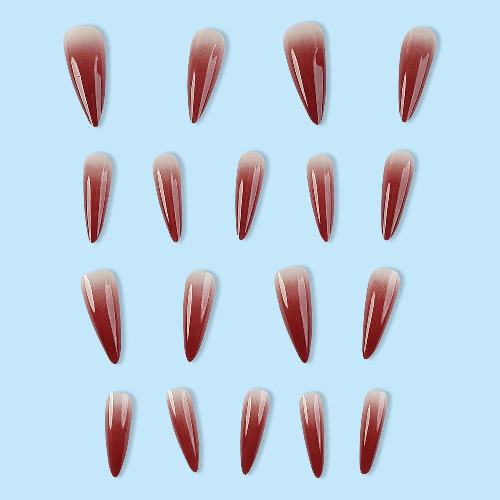 Foreign Trade Hot Selling Wearable Nail Sticker Elegant White Drop Shape Wine Red Gradient Fake Nail Patch Nails by GJG Denim