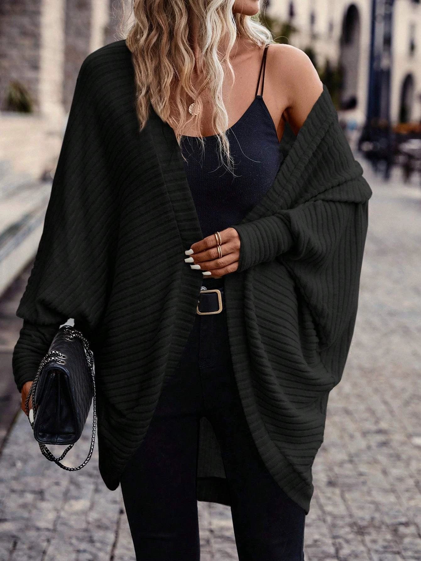 Women Solid Color Batwing Sleeve Open Front Casual Jacket by GJG Denim