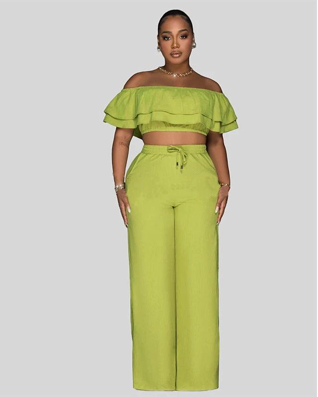 Off-shoulder Ruffled Short Top And Wide-leg Long Pants Set by GJG Denim
