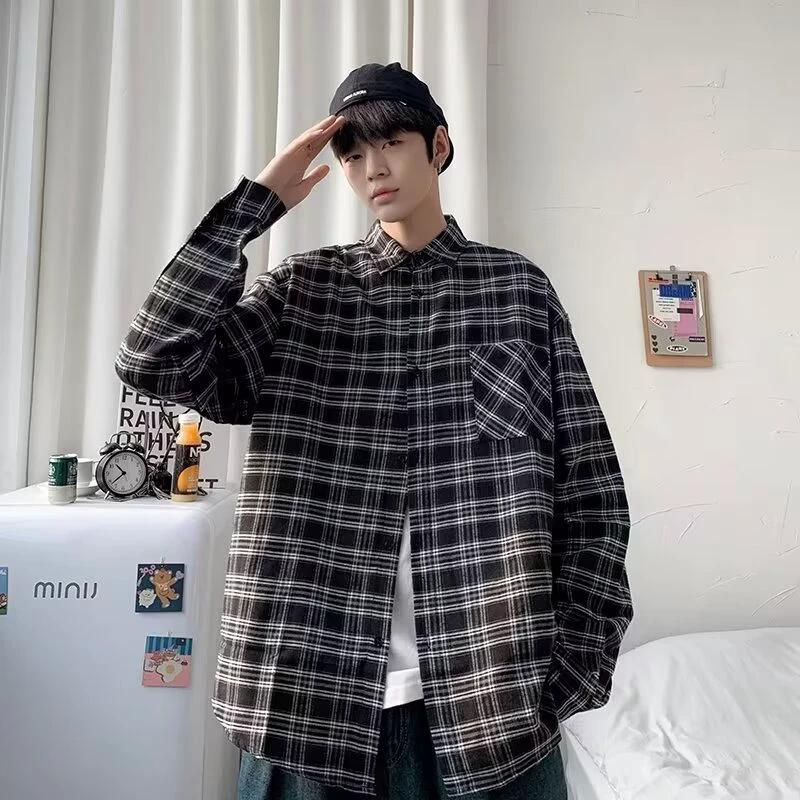 Men's Loose And Casual Black Plaid Long Sleeve Shirt by GJG Denim