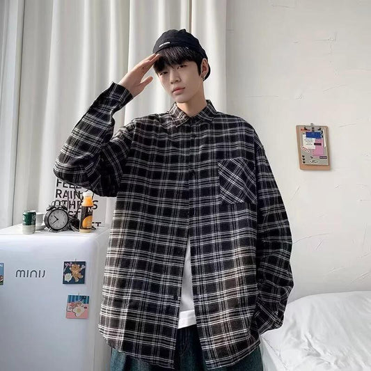 Men's Loose And Casual Black Plaid Long Sleeve Shirt by GJG Denim
