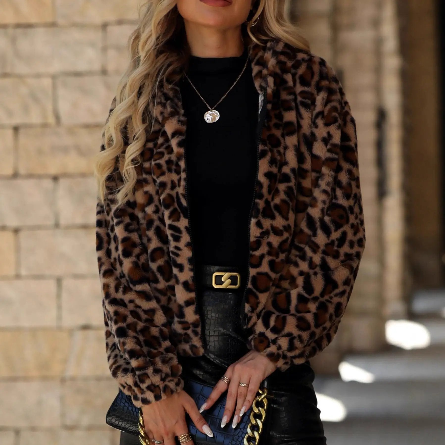 Womens Loose-fit Zip-up Leopard-print Plush Coat by GJG Denim