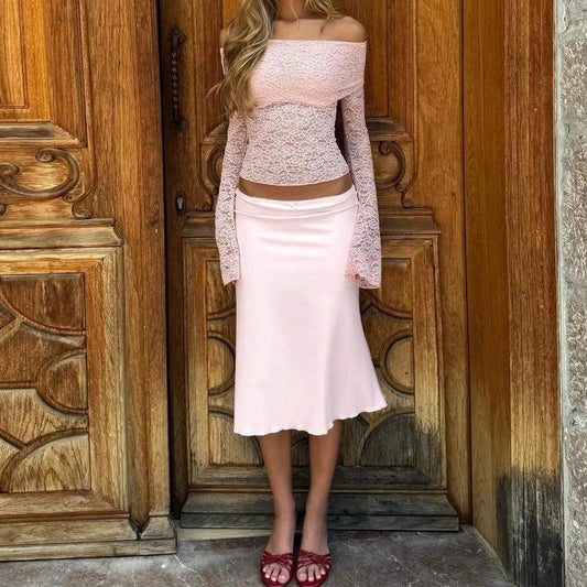 Sweet Lace Top Mid-length Dress Set Women by GJG Denim