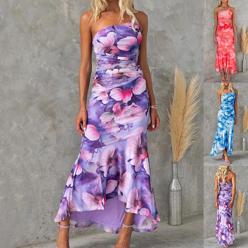 Flowers Print One-shoulder Dress Summer INS Casual Suspender Long Dresses Womens Clothing by GJG Denim