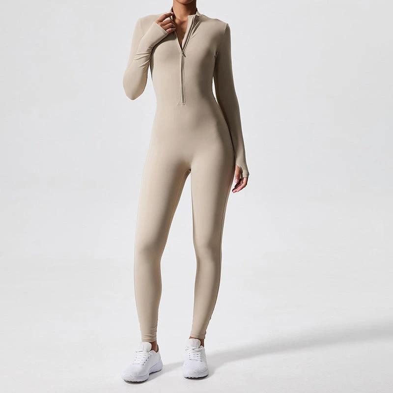 Long Sleeve Outdoor Sports Jumpsuit Workout Clothes Zipper Training Skinny Hip Raise Yoga Clothes by GJG Denim