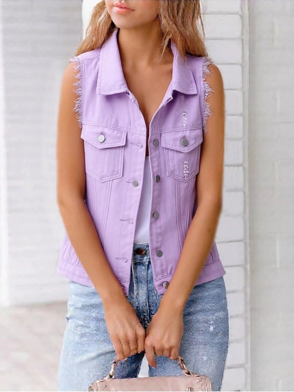 Full Size Button Down Raw Hem Sleeveless Denim Jacket Plus Size by Lady Ros