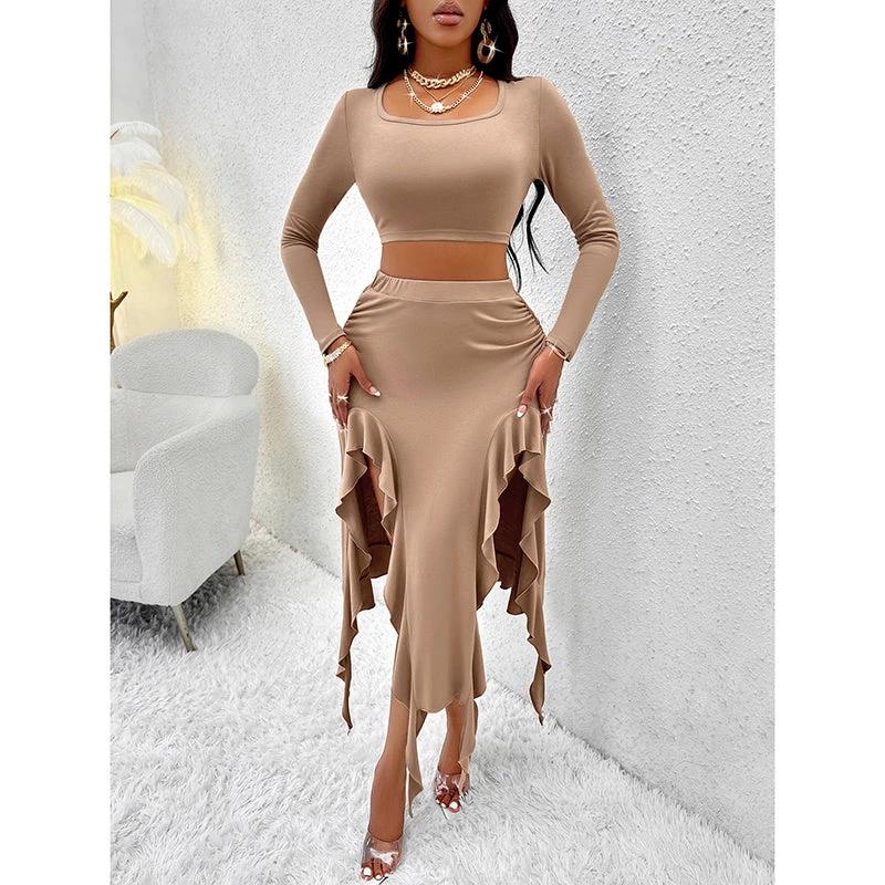 Women Summer 2 Piece Skirt Sets Long Sleeve Square Neck Crop Top Ruffle Trim Irregular Split Sexy Club Party Skirt Outfits by GJG Denim