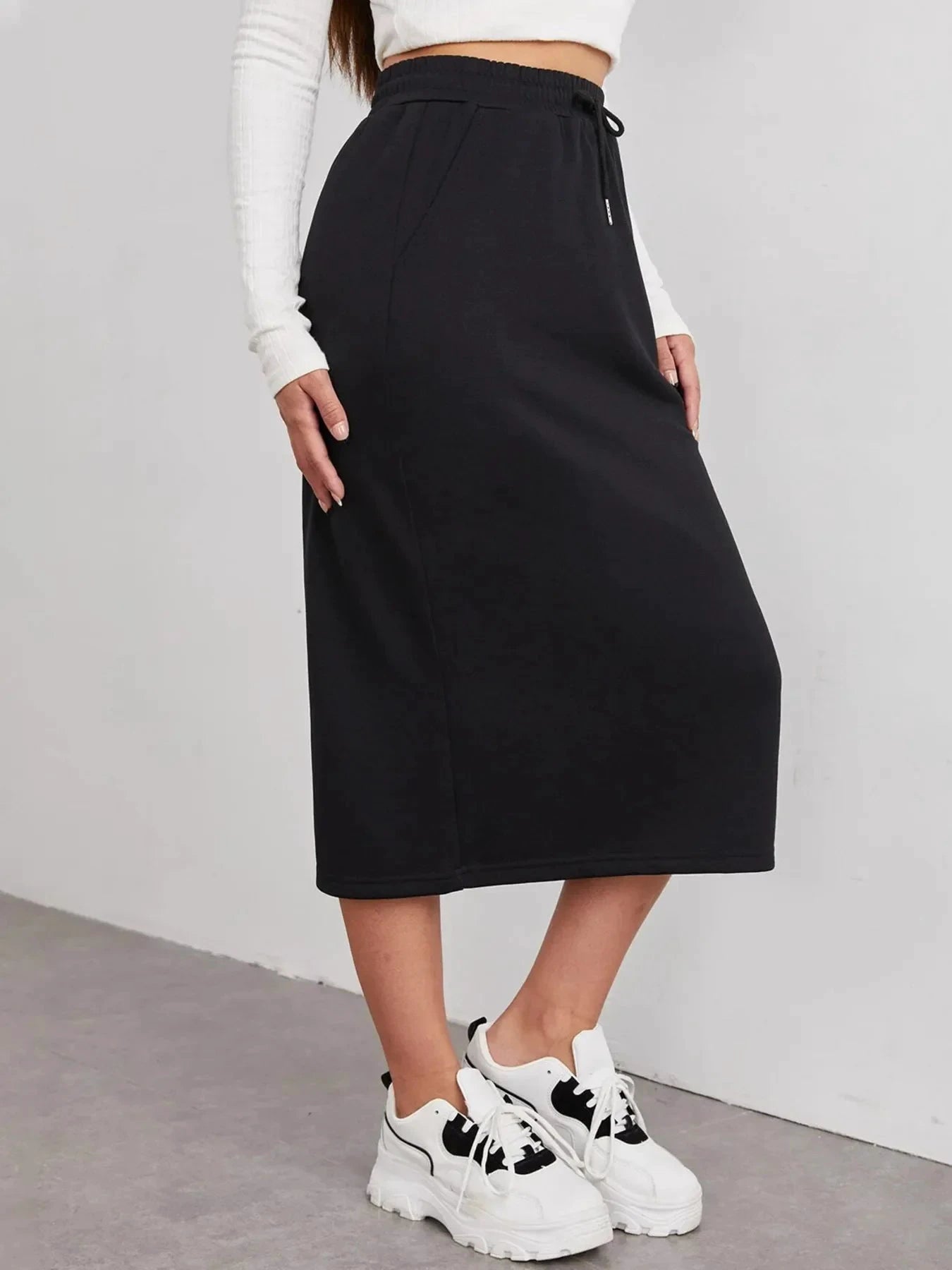 Slit Drawstring Midi Skirt by Lady Ros