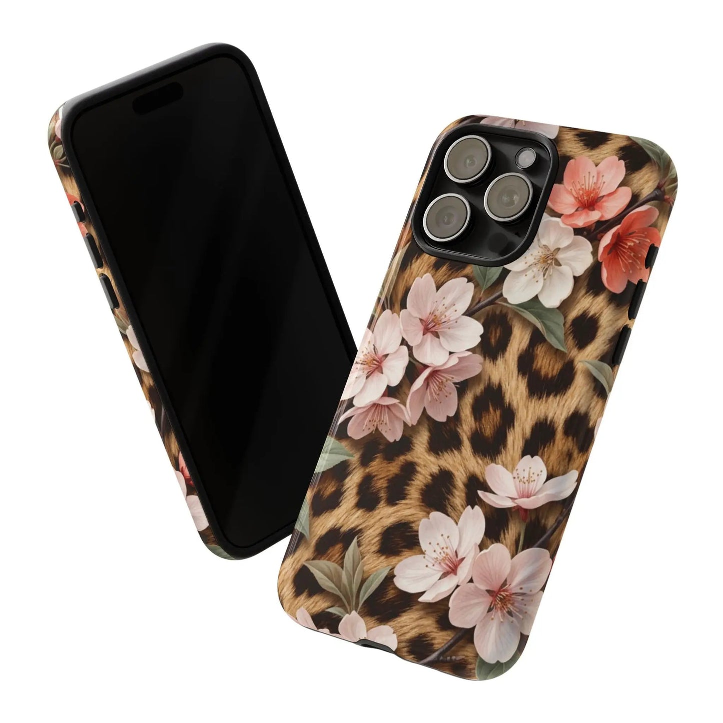 Leopard Floral Tough Case — Protective Phone Case with Pink Cherry Blossoms by Printify