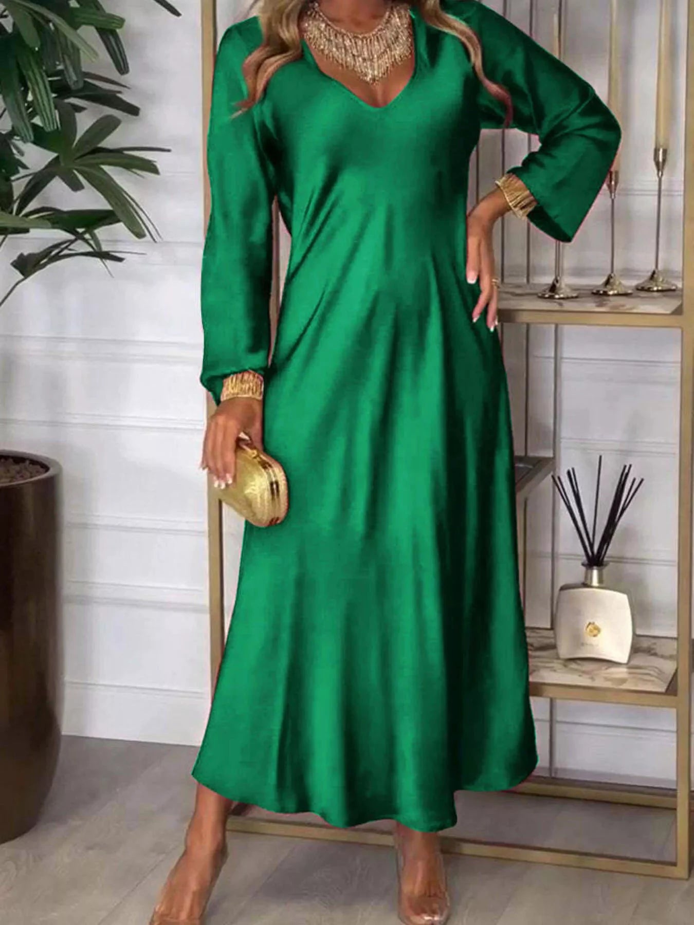 Full Size V-Neck Long Sleeve Midi Dress Plus Size by Lady Ros