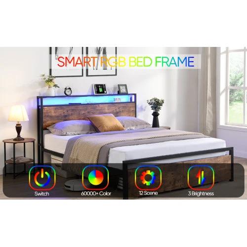 Queen Size Bed Frame With Storage Headboard And 2 Drawers, LED Lights Bed With Charging Station by GJG Denim
