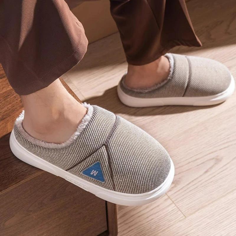 Men's Solid Striped Fleece Plush Slippers by GJG Denim