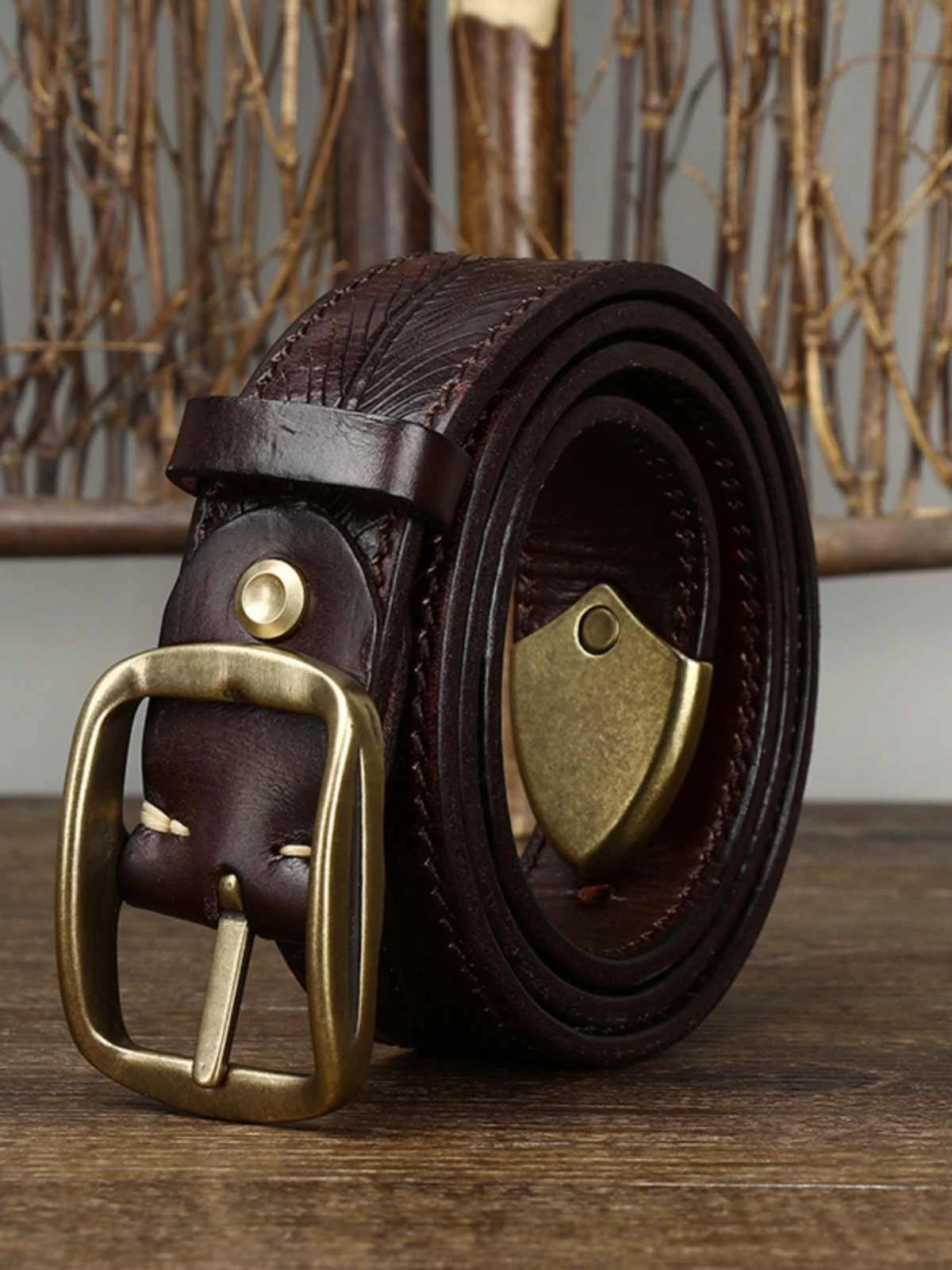 Men's 3.8CM Wide Thick Double-sided Cowhide Brass Buckle Belts by GJG Denim