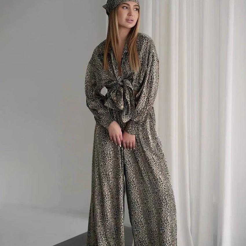 Fashionable Leopard Print Loose Ice Silk Pajamas For Women by GJG Denim
