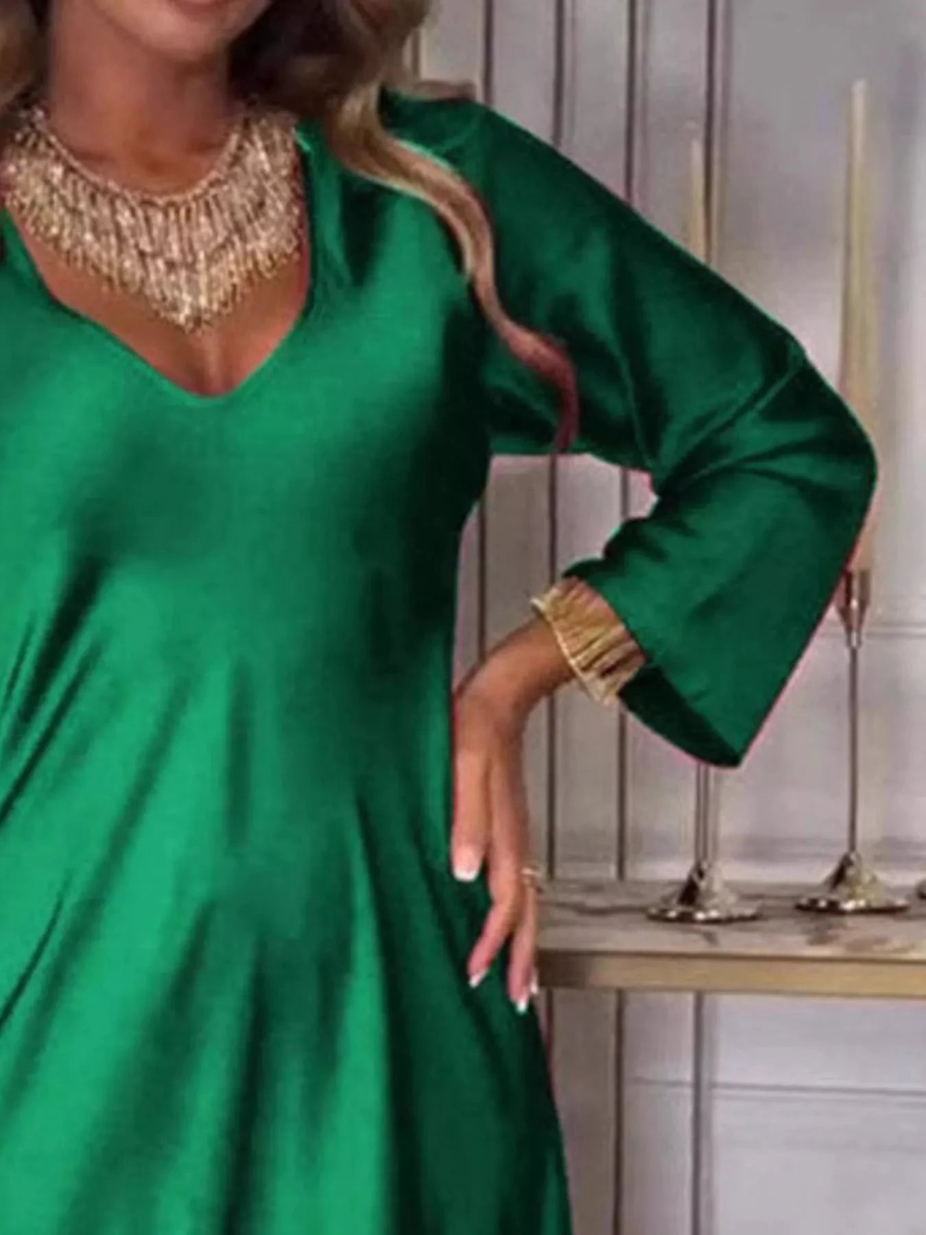 Full Size V-Neck Long Sleeve Midi Dress Plus Size by Lady Ros