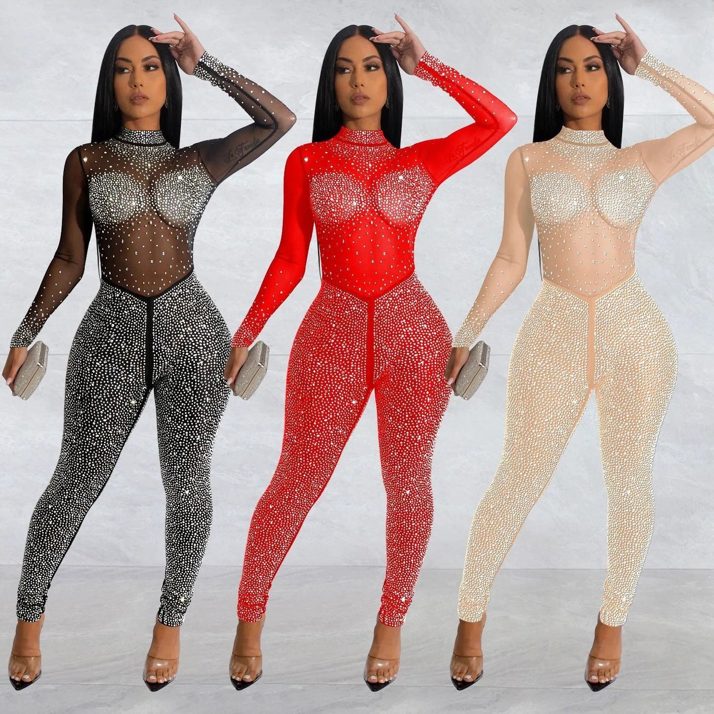 Fashion Women's Pure Color Mesh Hot Drilling Long Sleeve Jumpsuit by GJG Denim
