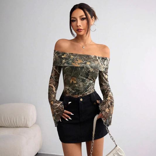Mesh Printed Off-shoulder Long Sleeved Fitted T-shirt Top by GJG Denim