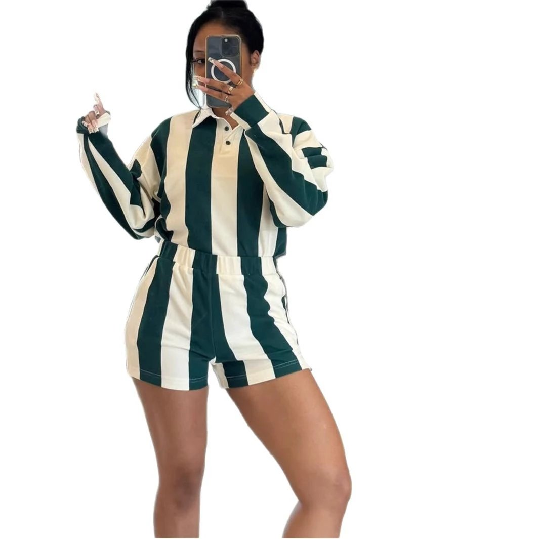 Womens Stylish Striped Printed Long-Sleeve Top And Shorts Set by GJG Denim