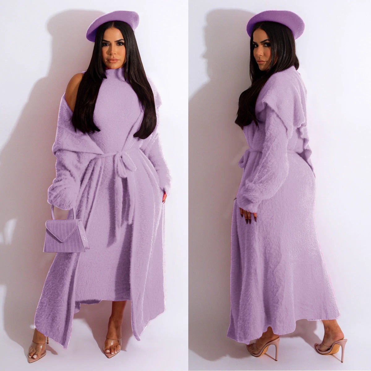 Autumn And Winter Elegant Dress Long Cardigan Velvet Two-piece Suit by GJG Denim