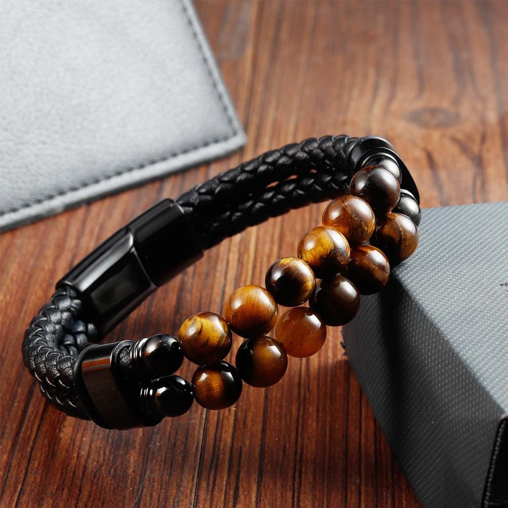 Men's Stainless Steel Leather Braided Handmade Multi-Layer Bracelet by GJG Denim