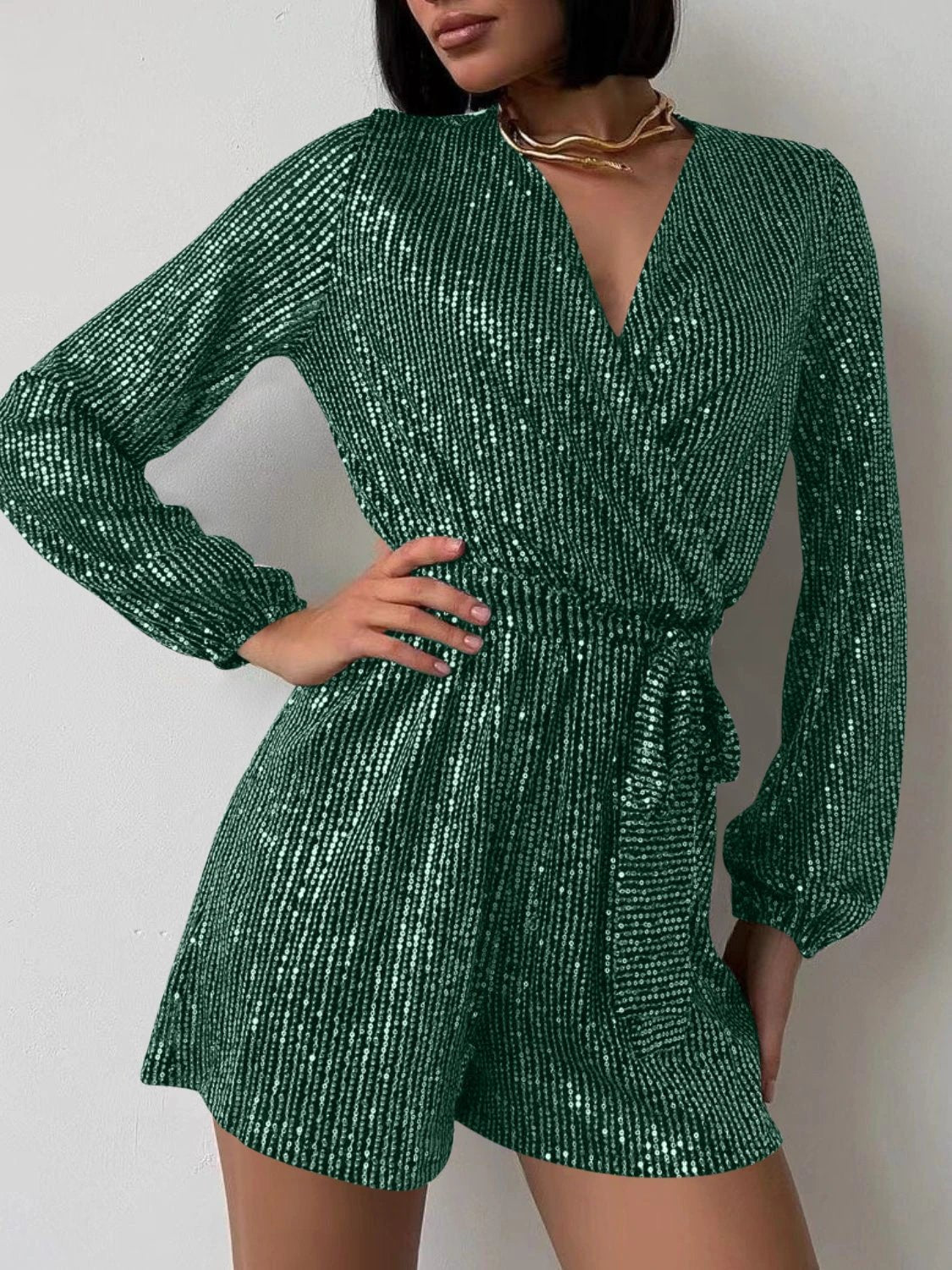 Full Size Sequin Surplice Tie Waist Long Sleeve Romper by Lady Ros