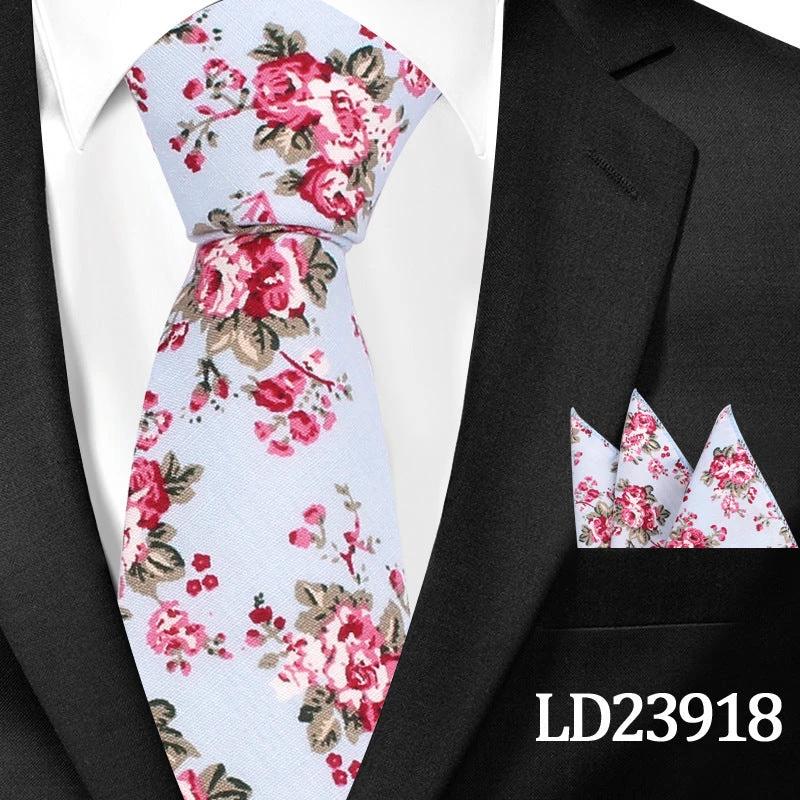 Men's Casual Cotton Floral Print 6cm Tie and Pocket Square by GJG Denim