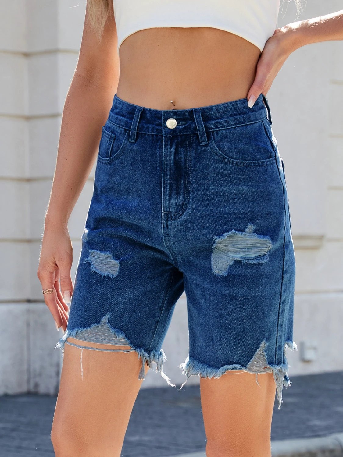 Distressed Raw Hem Denim Shorts by Lady Ros