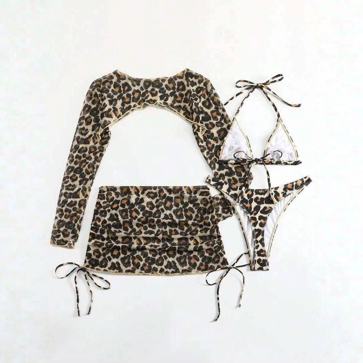 European And American Leopard-Print Lace-Up Sexy Two-Piece Four-Piece Swimsuit by GJG Denim