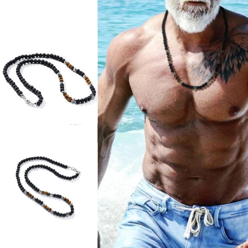 Volcanic Rock Black Matte Ethnic Style Necklace For Men by GJG Denim