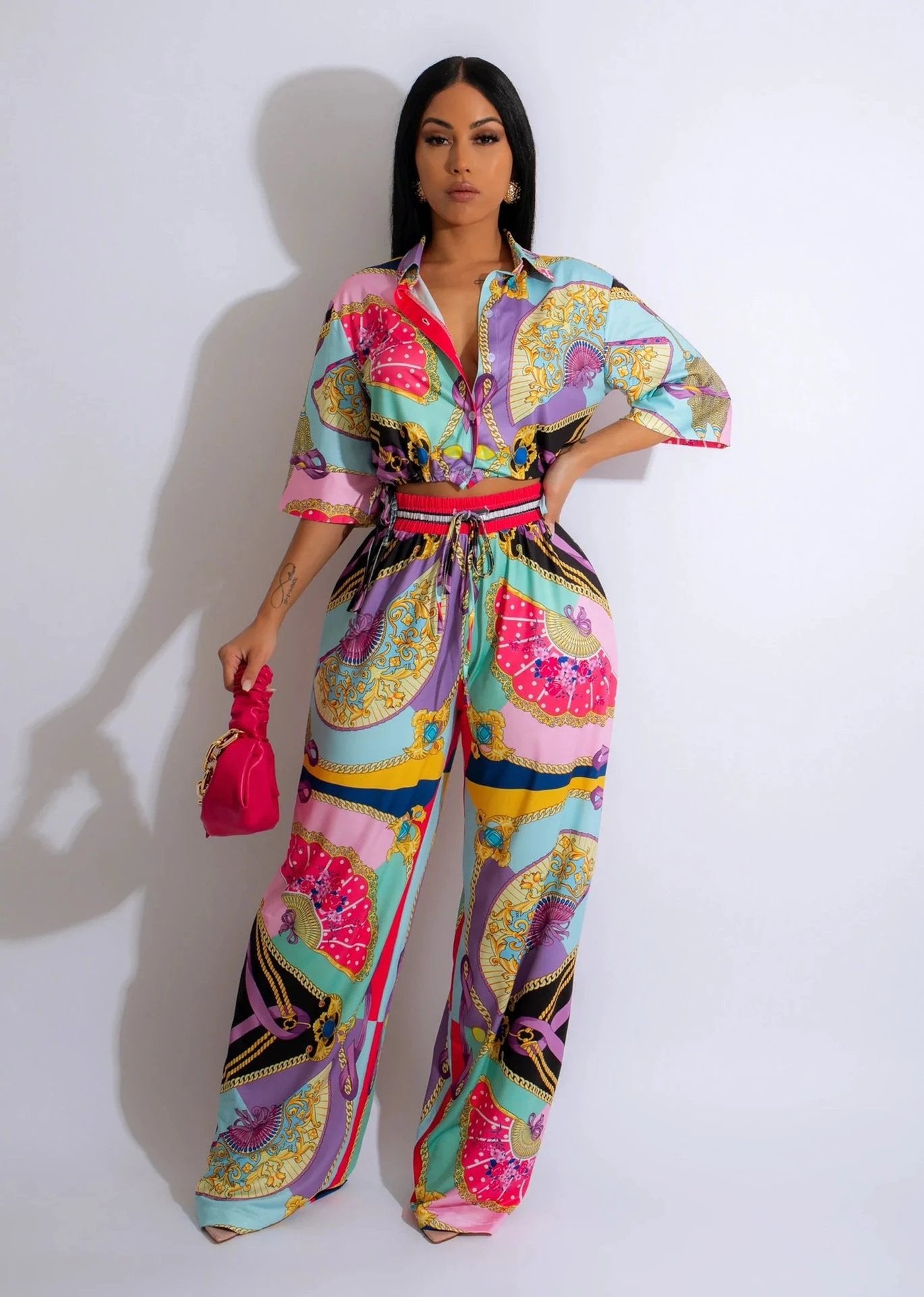 Fan Pattern Printed Short Sleeve Set by GJG Denim