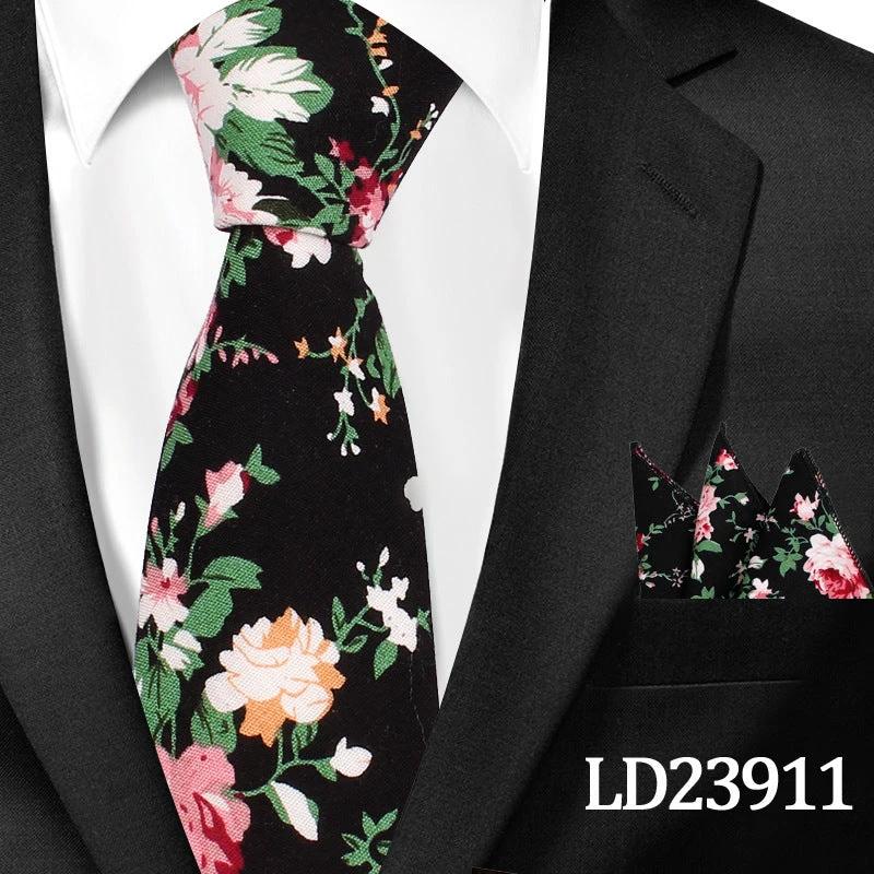 Men's Casual Cotton Floral Print 6cm Tie and Pocket Square by GJG Denim