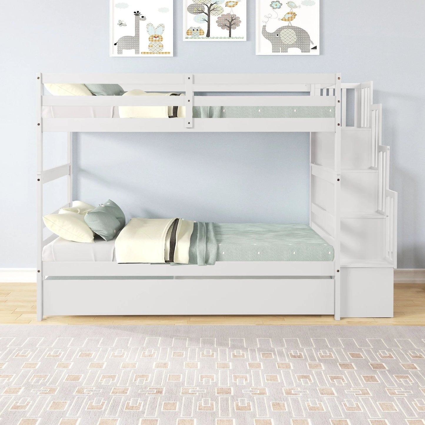 Twin Bunk Beds With Trundle & Stairway Storage In White by GJG Denim