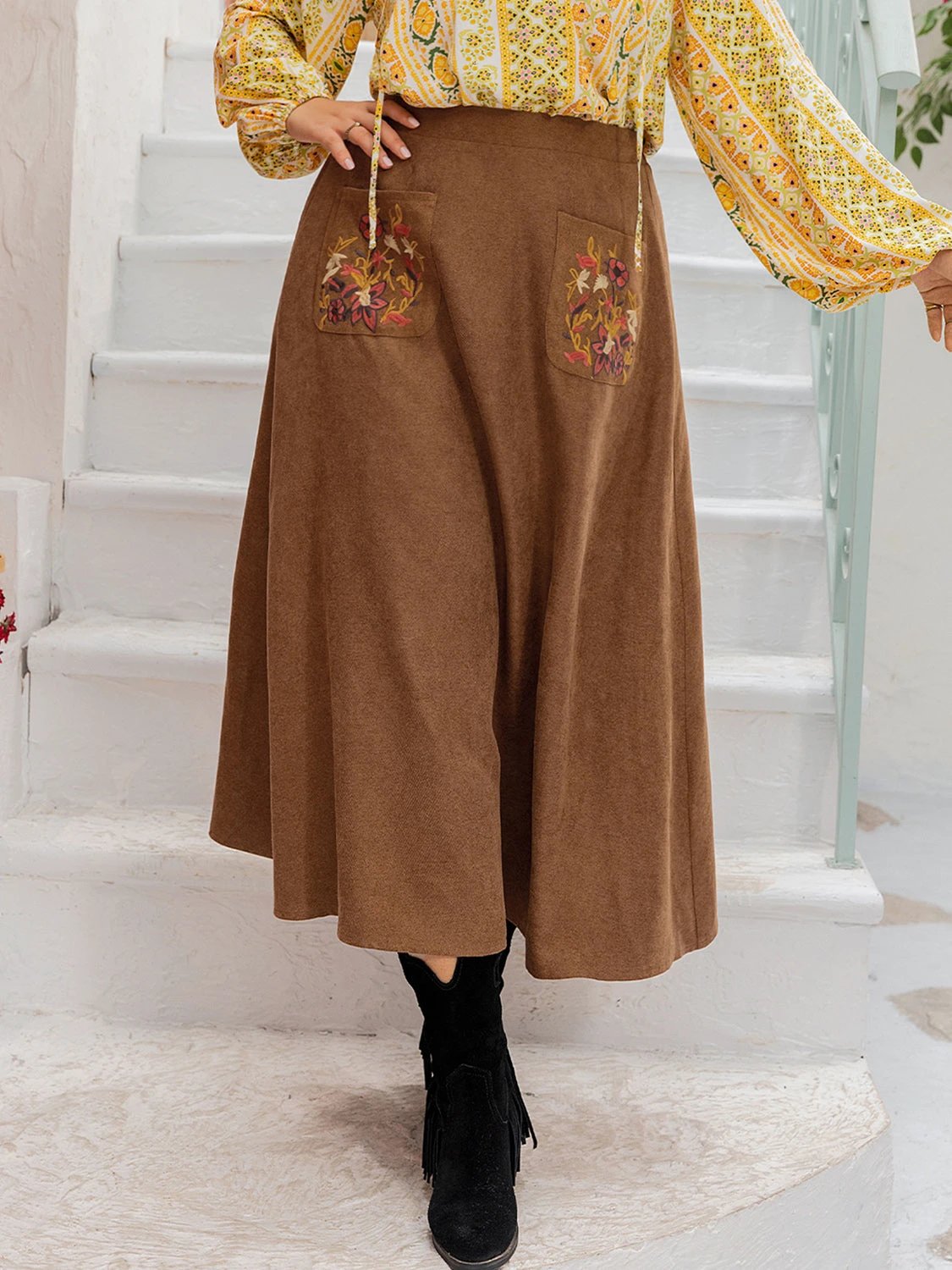Plus Size Embroidered Pocketed High Waist Skirt by Lady Ros