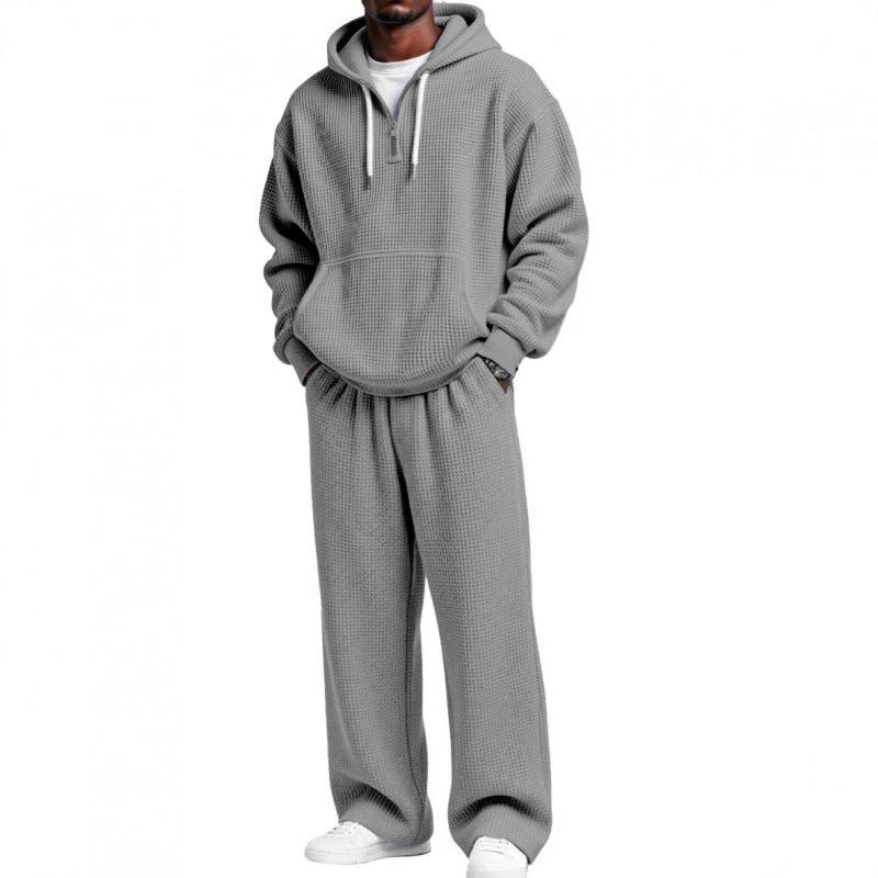Solid Color Long Sleeved Long Pants Two-piece Set For Men by GJG Denim