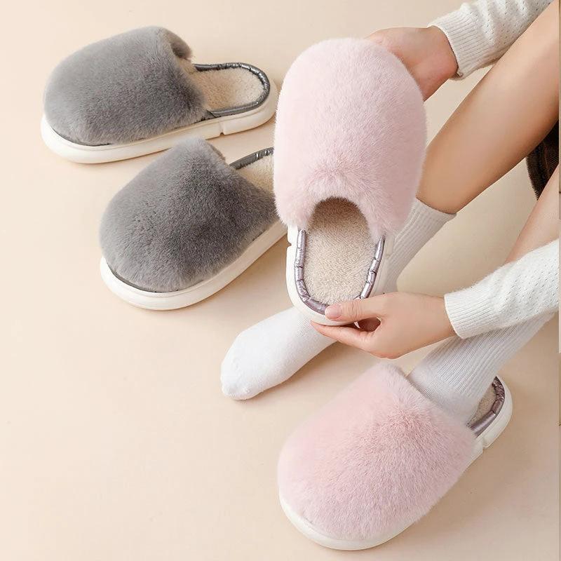 Fuzzy House Slippers Winter Warm Plush Faux Rabbit Fur Bedroom Shoes by GJG Denim