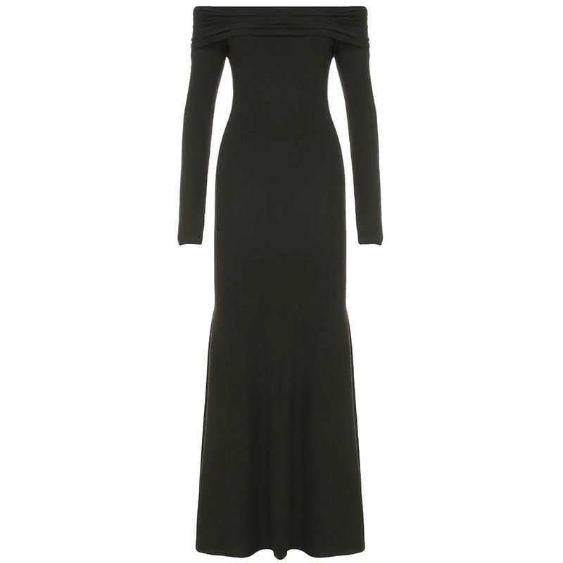 Black Off-shoulder Long Sleeve Sheath Fishtail Dress by GJG Denim
